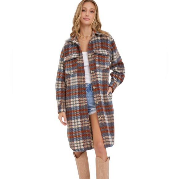 Blue/Rust Long Plaid Shacket Jacket NWT - (#0192) - Picture 2 of 5